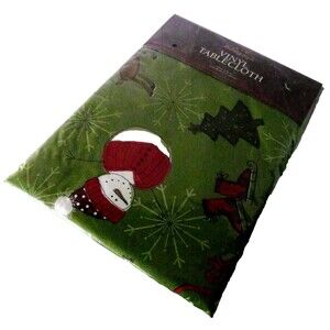 Winter Christmas Tablecloth Snowman Vinyl Whimsical Snowman Reindeer Skates NIP